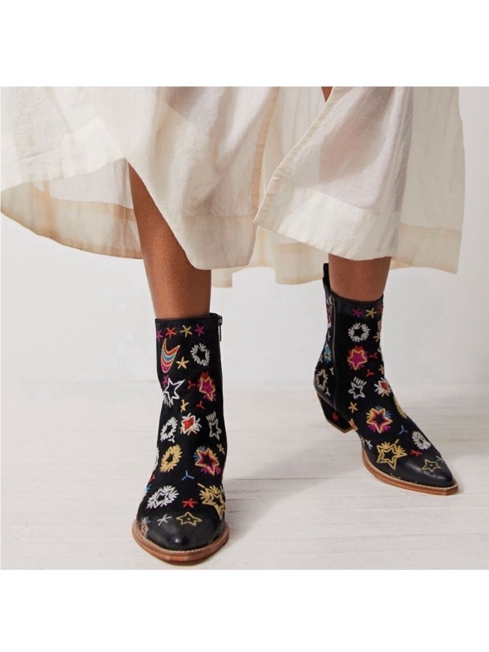 Free People Bowers Embroidered Celestial Black Suede Ankle Boots Sizes 37 & 37.5